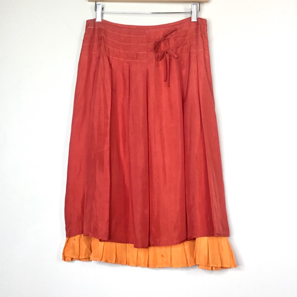 Fork Orange Pleated Silk A-Line Midi Skirt Small
